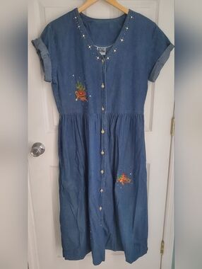 Vintage Denim Spot Light Embroidered Western Dress Size L Button Down Cowgirl